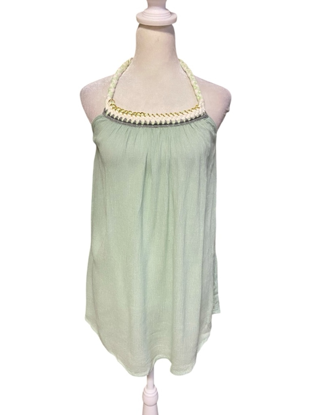 Griffin Paris halter tunic Size M braided neckline gold chain accent Pistachio - Picture 3 of 13